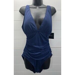 Ellen Tracy One Piece Swimsuit Navy Sz 14 Ruching Beach Coastal Resort Wear